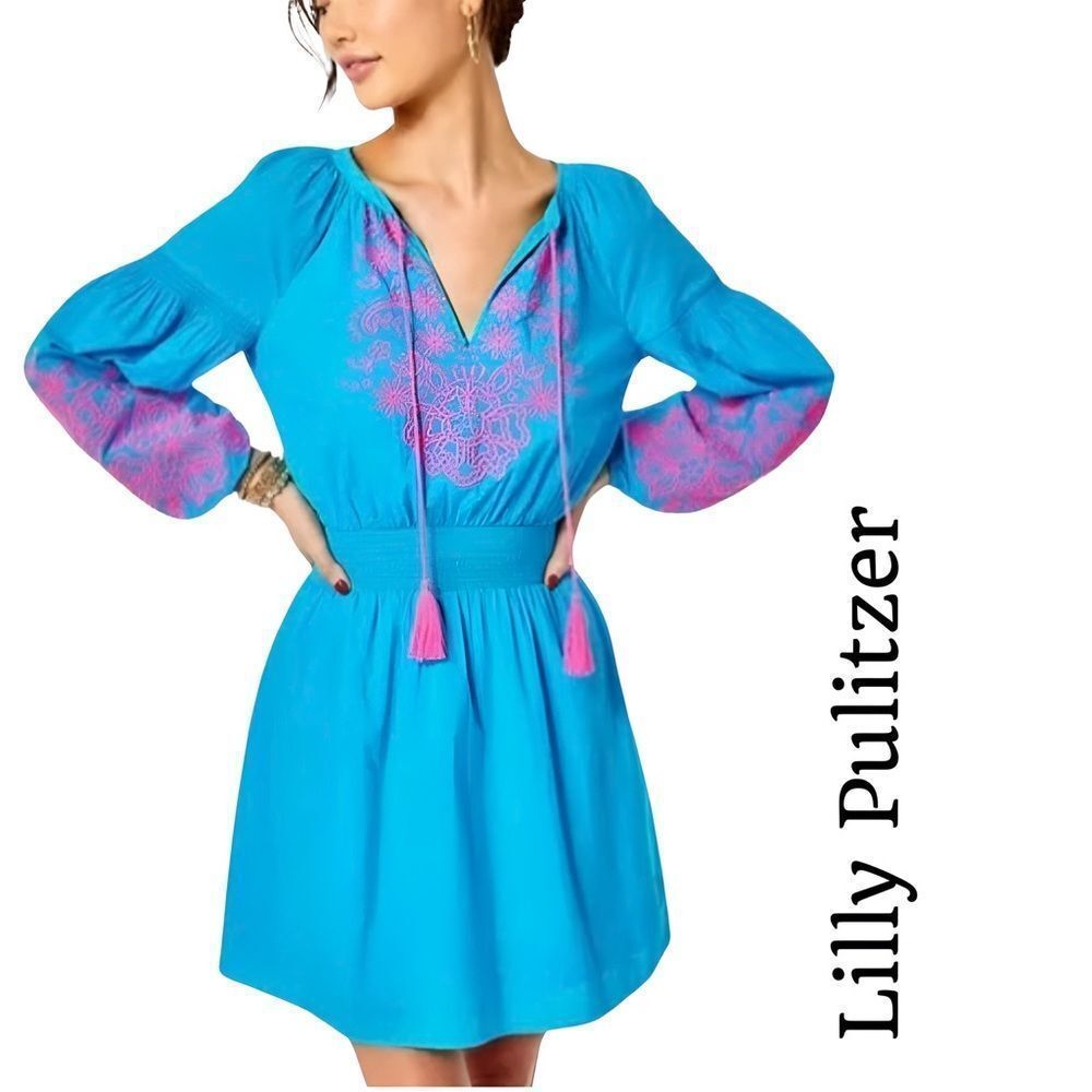 LILLY PULITZER Analynn Embroidered Tunic Dress Turquoise Oasis Sz M NWT